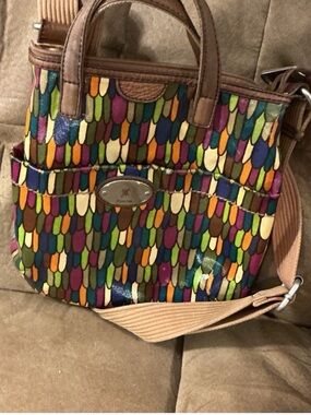 Fossil Multicolor Patterned Shoulder Bag with Tan Leather Trim